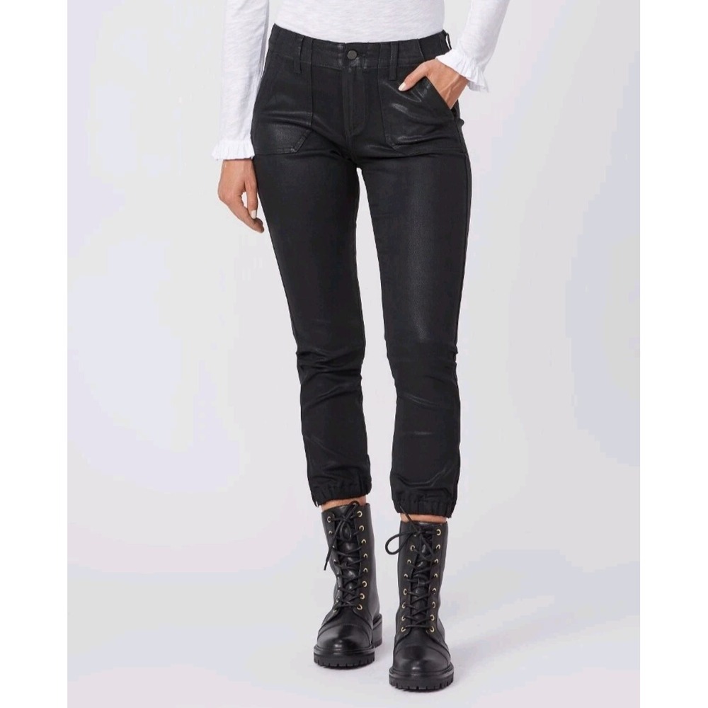 Paige Joggers Size 33 Mayslie Black Wax Coated Denim Cropped Ankle Metallic Chic
